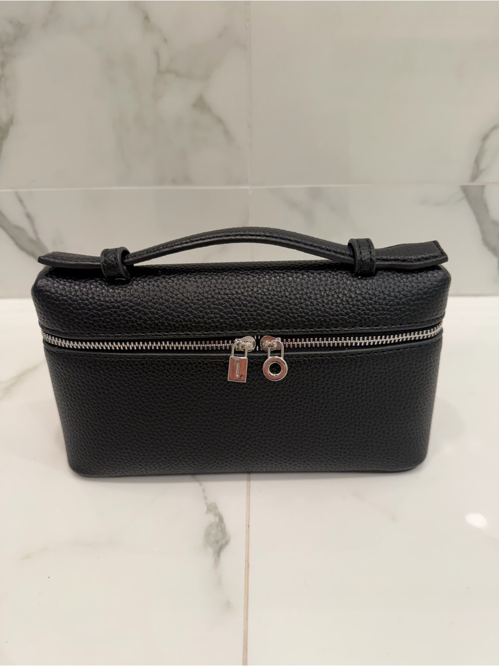 Black Leather Top-Handle Handbag with Silver Hardware with Strap